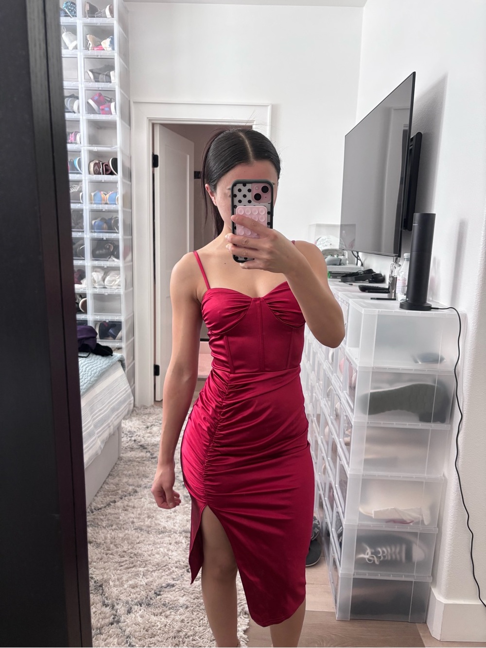 Red Satin Ruched Bodycon Dress with Side Slit